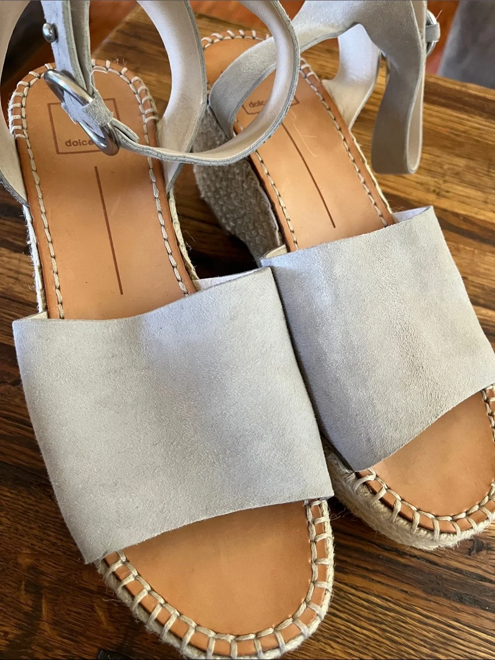 Dolce Vita Light Gray Espadrille Wedge Sandals with Ankle Buckle (Gray)